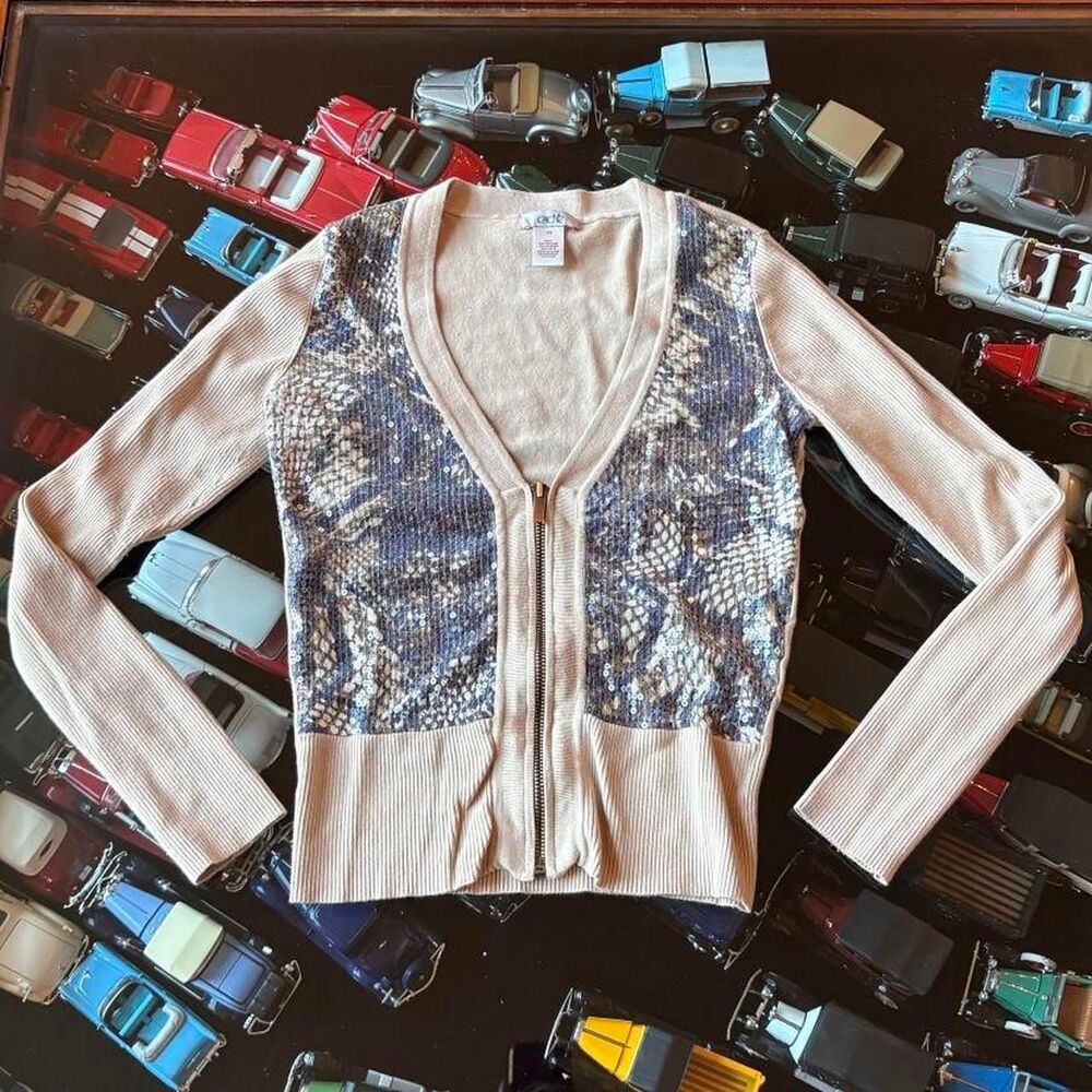 Cache Vintage Tan Sweater Blouse Top Sequins Snakeskin Print Zip Up Ribbed - Picture 4 of 5
